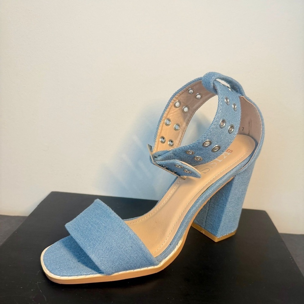 Light Blue Denim Block Heel Sandal with Studded Ankle Strap